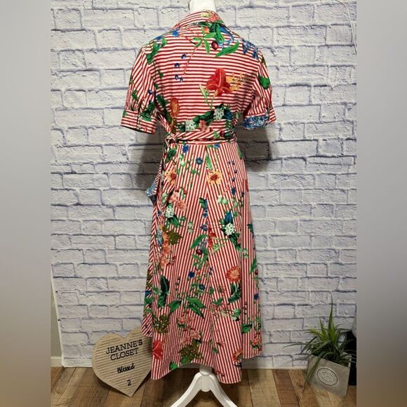 Calvin Klein Floral Striped Wrap Dress  High Low Red Pinstripe Pinup Size 8 - Picture 6 of 10